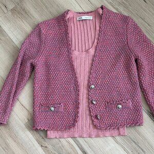 maje • Minigram Tweed Cardigan in Pink